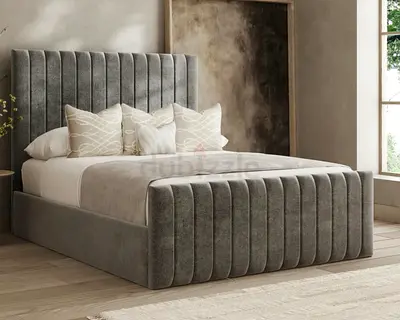Upholstered Grey Velvet Double Bed with Padded Headboard