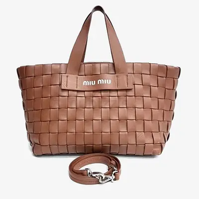 Authentic Miu Miu Brown Woven Leather Tote and Shoulder Bag