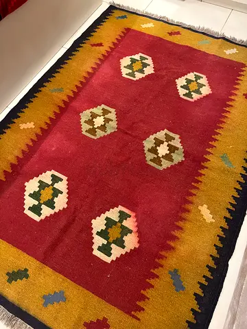Handwoven flatweave kilim rug - 4x6 ft, red and gold geometric design