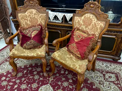 Pair of Ornate Vintage Carved Wood Armchairs with Upholstery