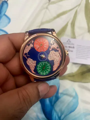 Unique world map dial mens wristwatch with blue leather strap