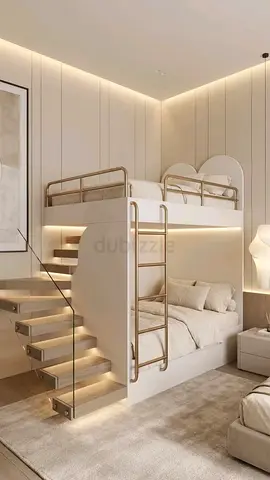 Modern White Built-in Bunk Bed with Integrated Stairs and Lighting