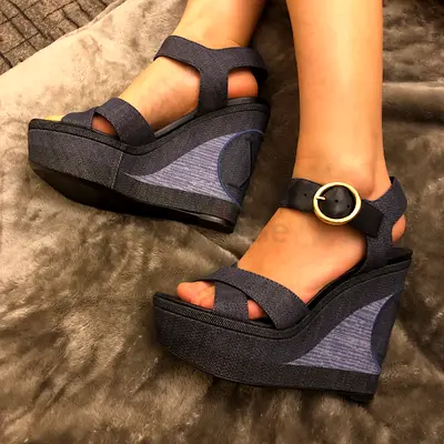 Louis Vuitton- Navy Denim Platform Wedge Sandals  — Size 38. Brand new