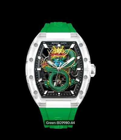 Mens Dragon Skeleton Mechanical Watch with Green Strap