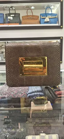 Snakeskin pattern clutch with gold hardware