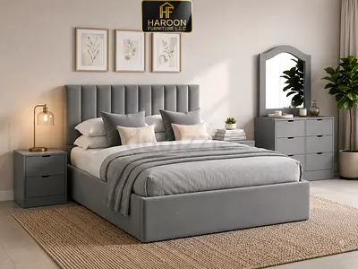 Grey Upholstered Queen Bed with Storage, Nightstands and Dresser Set