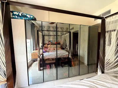 Large Mirrored Wardrobe / Armoire - 6 Doors, Dark Wood Frame