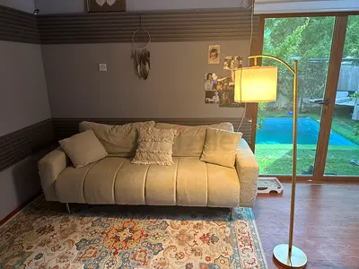 Beige 3-seater Sofa in Good Condition with Cushions 399 dhs and 400 dhs with the lamp