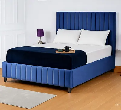 Blue Velvet Bed Frame with Padded Headboard - Queen