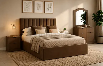 Brown upholstered queen bed with headboard and storage