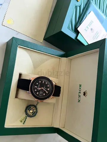 Rolex yacht master black pink gold watch with box — black dial, rubber strap