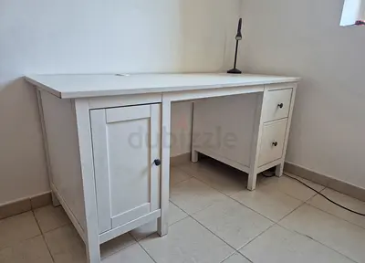 White Wooden Office Desk with Drawers and Cabinet