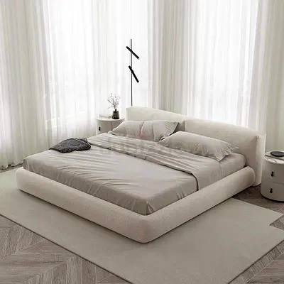 White linen upholstered super king low bed frame