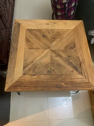 Solid Wood Side Table with Geometric Inlay — Rustic Finish