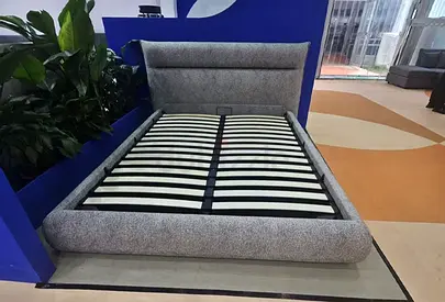 Light gray linen padded headboard queen bed frame