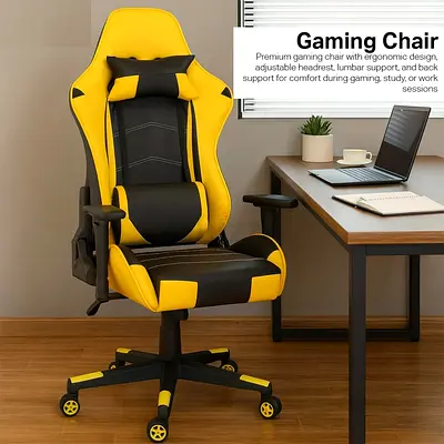 Yellow  Black Gaming Chair – Ergonomic Recliner with Footrest, Headrest  Lumber Support