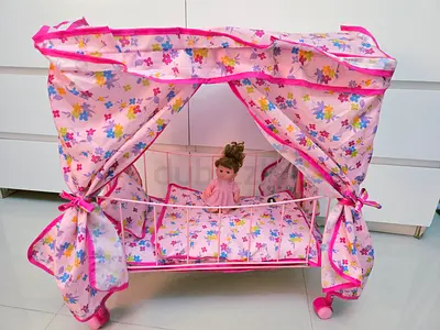 Foldable Pink Doll Crib with Canopy and Bedding, includes doll