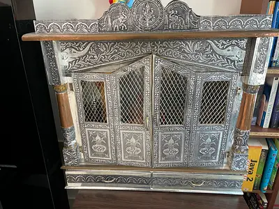 Handcrafted Indian Silver-Inlaid Wooden Shrine Cabinet