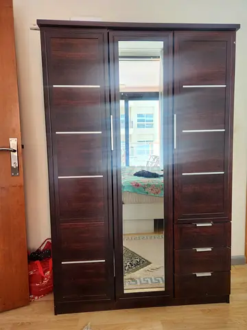 Dark Wood 3-Door Wardrobe with Mirror and Drawers