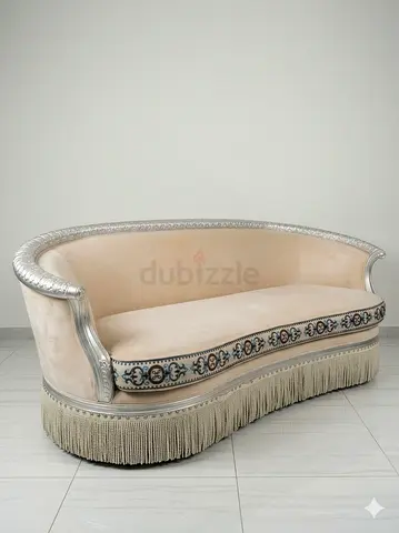 Vintage Curved Sofa (Free Delivery) with Silver Trim and Fringe including 4 cushions