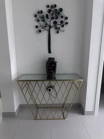 Gold Metal Console Table with Glass Top - Modern Geometric Design
