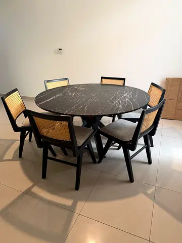 Round Black Marble-Top Dining Table with 6 Rattan-Back Chairs