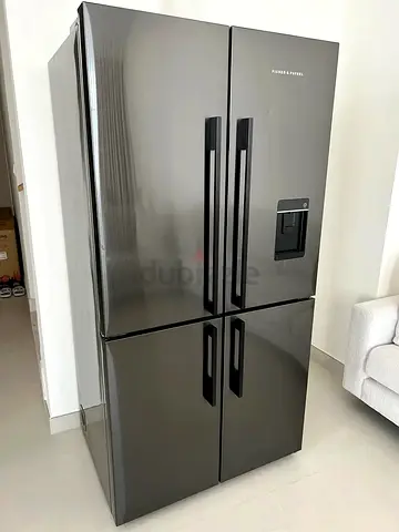 Fisher Paykel Quad Door Refrigerator, likely a Series 7 model in black stainless steel