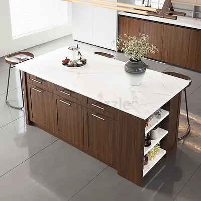 Modern Walnut Kitchen Island with Marble Top - Storage  Seating