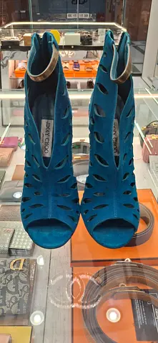 Jimmy Choo Teal Blue Suede Cut-Out Peep Toe Booties