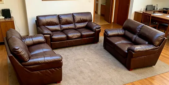 Brown leather 3-piece sofa set — 3-seater, 2-seater and single