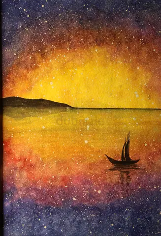 Original Cosmic Night Seascape – Hand-Painted Watercolor Art | By Charlie