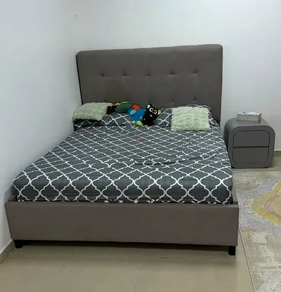 Grey Upholstered Double Bed with Headboard