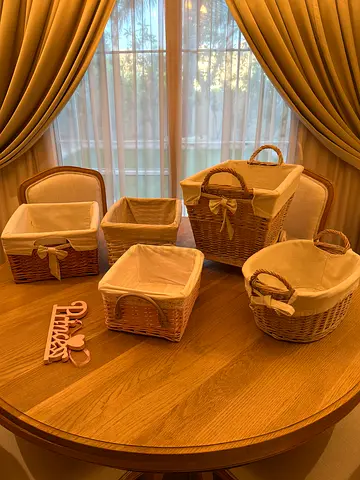 Set of 6 Wicker Storage Baskets with Fabric Liners - Good Condition