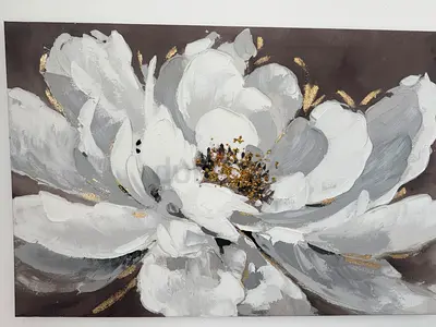 Large Neutral Floral Canvas Painting with Textured White Petals