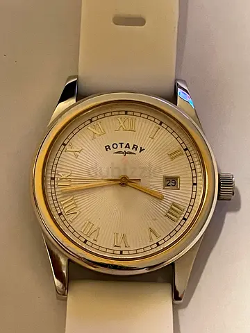 Rotary stainless steel wristwatch with white dial and rubber strap