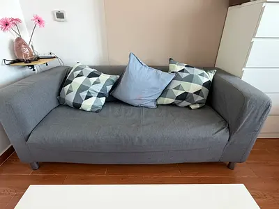 Compact 2-Seater Grey Fabric Sofa - Good Condition Free Table