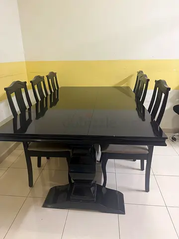 Solid Black Wooden Dining Table with 6 Chairs - Good Condition