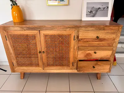 Solid Wood Sideboard Cabinet with Rattan Doors and 3 Drawers