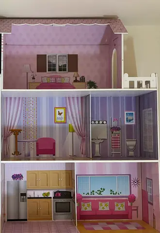 Wooden 3-Story Dollhouse with Furniture Decals