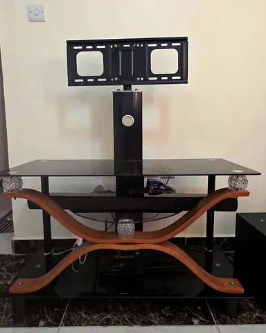 Modern TV Stand with Integrated Mount and Glass Shelves