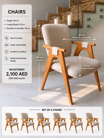 Set of 6 Wooden Frame Upholstered Dining Chairs - Beige
