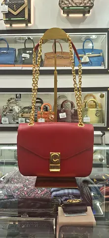 Celine Red Leather C Bag with Gold Chain Strap