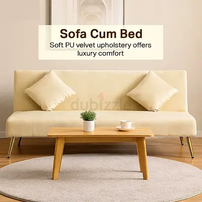 Convertible 3-Seater Beige Velvet Sofa Bed – Sofa Cum Bed with Golden Legs
