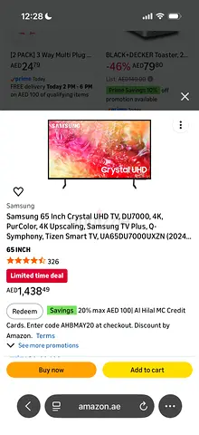 Samsung 65 Crystal UHD 4K Smart TV (65AU7000/2024) - Used, Good Condition