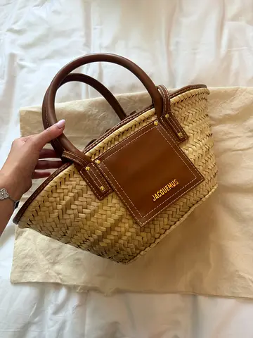 Jacquemus style woven straw tote with leather trim