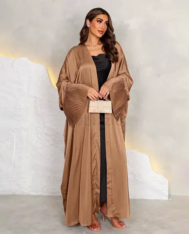 Brown satin abaya with pleated bell sleeves