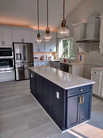 Modern Kitchen Island with Marble Top and Navy Blue Base