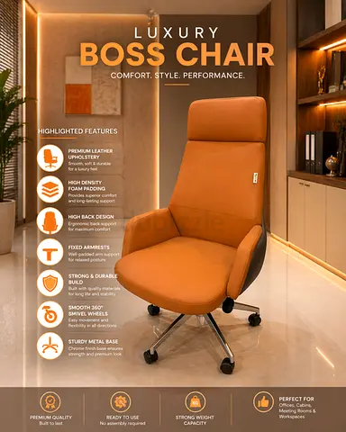 Premium Leather Boss Office Chair – Modern Office Chair with Metal Base For Dubai Offices