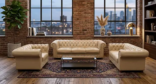 Beige Leather Chesterfield Sofa Set - 3-Seater + 2 x Single Chairs, Classic Design