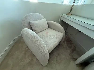 Beige Bouclé Accent Armchair with Cushion.